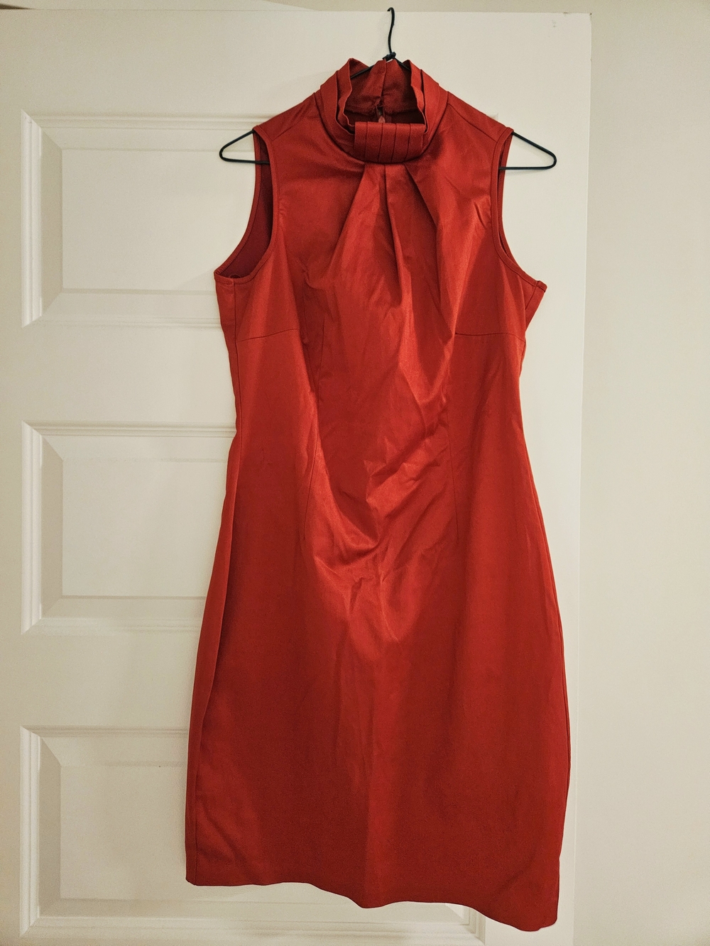 Sleeveless Red Mini Dress with Pleated Turtleneck